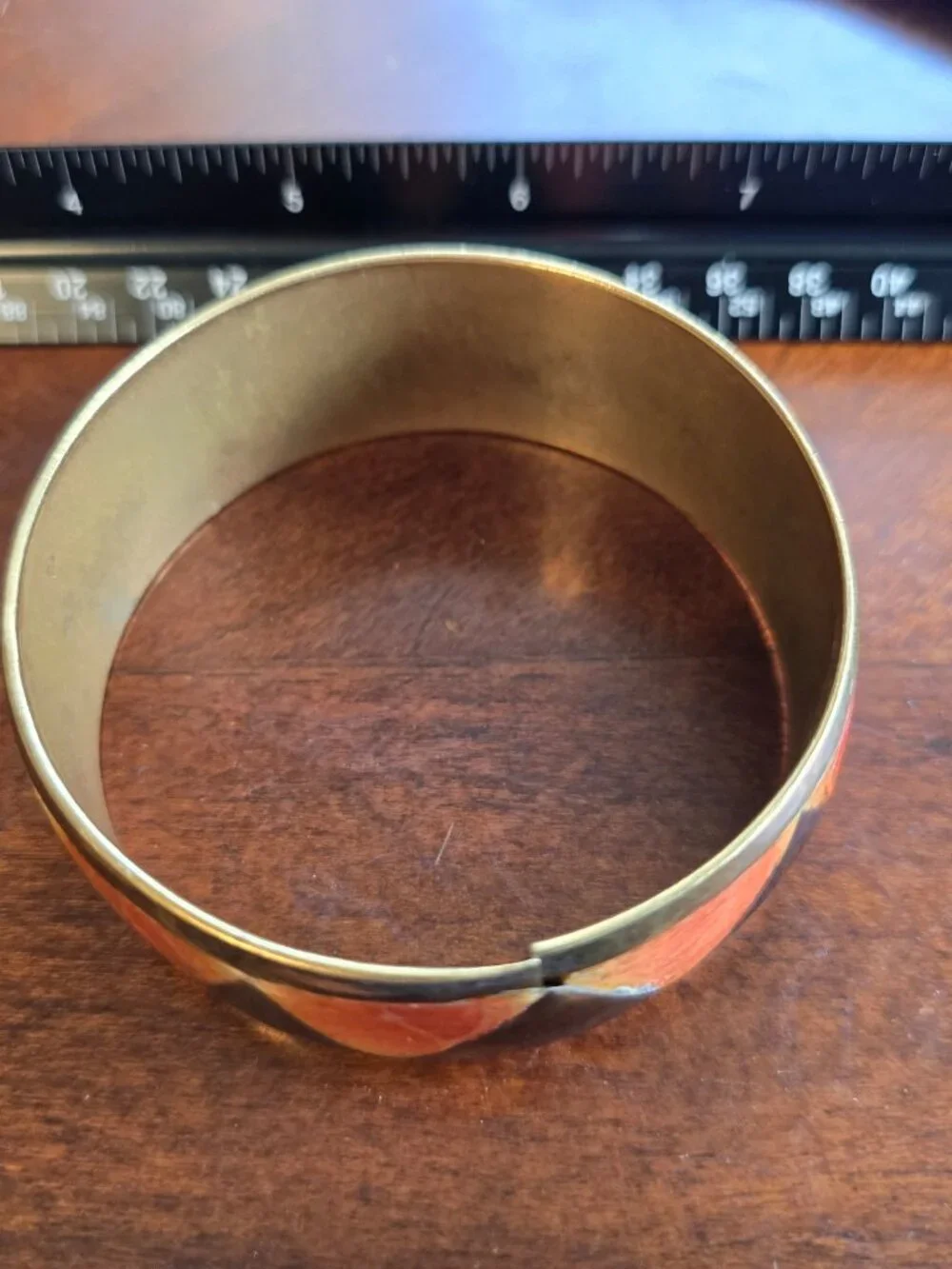 Vintage Brass Geometric Triangle Bangle Black & Orange Enamel Boho GUC Bohemian
